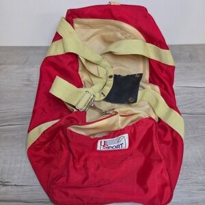 Vintage US Sport Red Nylon Duffel Bag Gym Travel Weekender Tan Straps 80s Korea